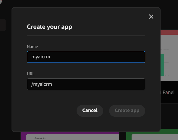 Budibase dialog for creating a new app