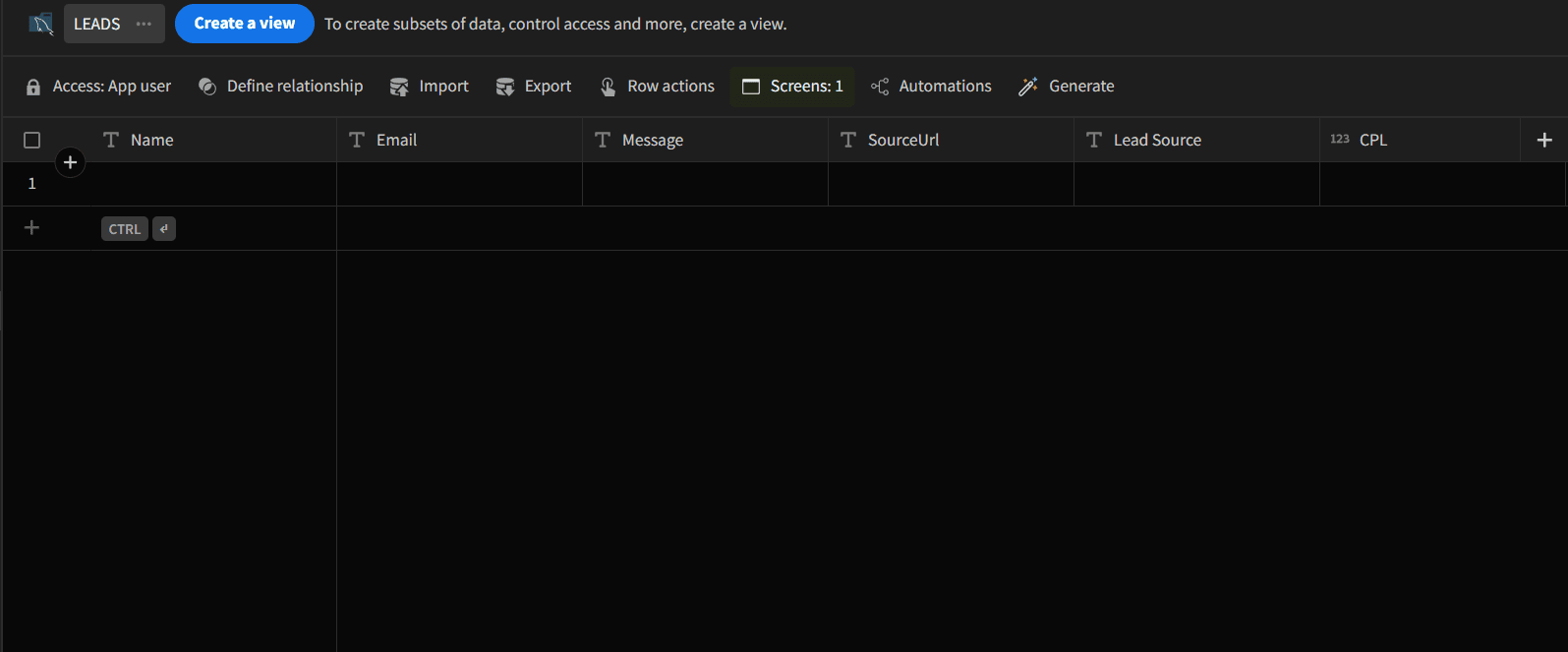 Empty LEADS table in Budibase with Name, Email, Message, SourceUrl, Lead Source and CPL columns