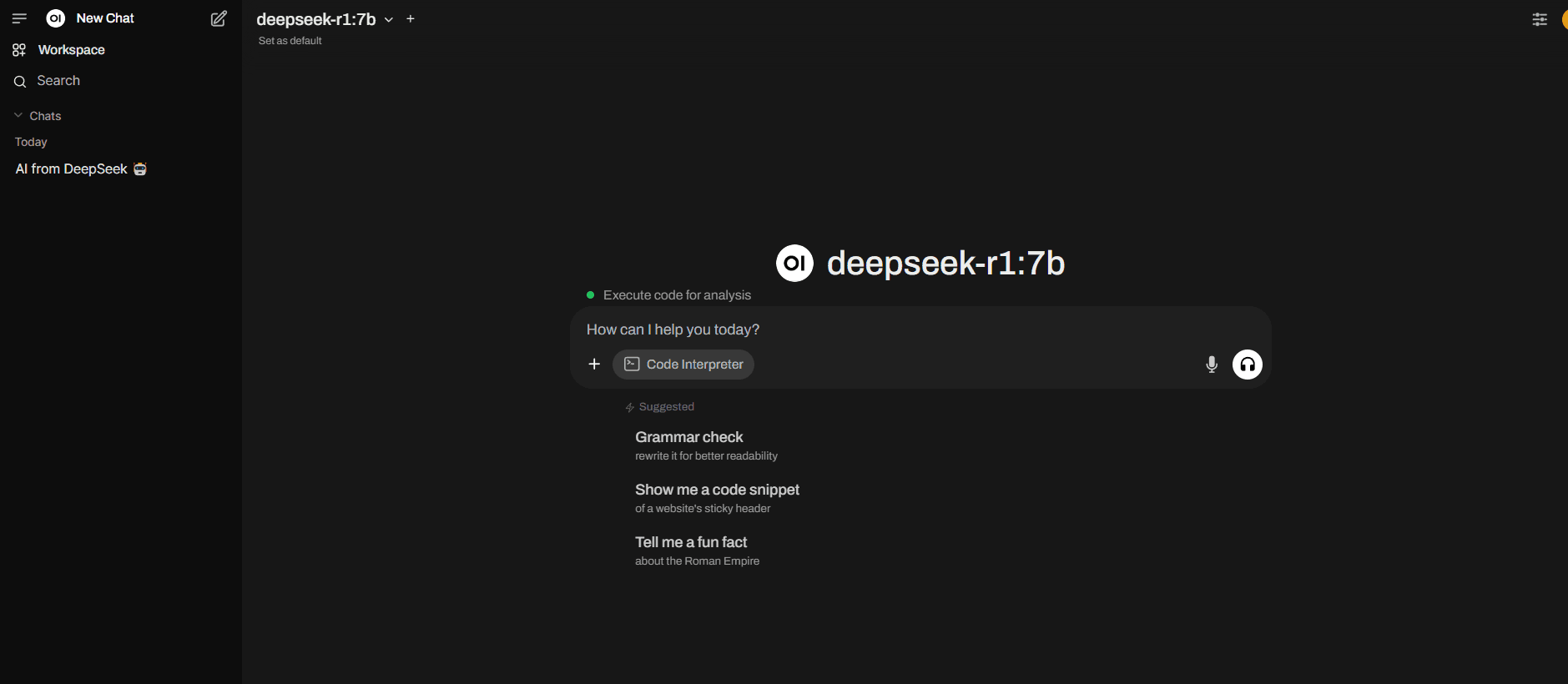 Open WebUI chat interface running deepseek-r1:7b locally
