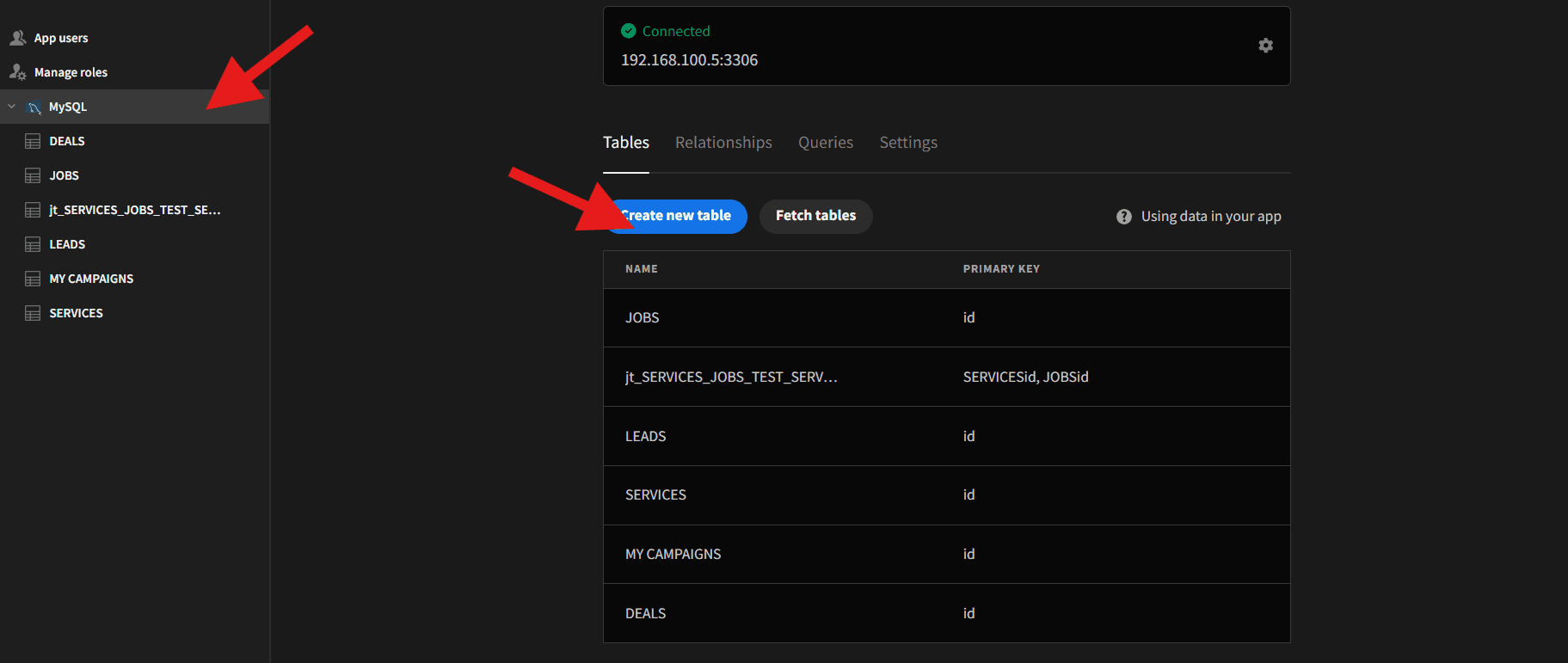 Budibase MySQL data source with the tables JOBS, LEADS, SERVICES, MY CAMPAIGNS and DEALS